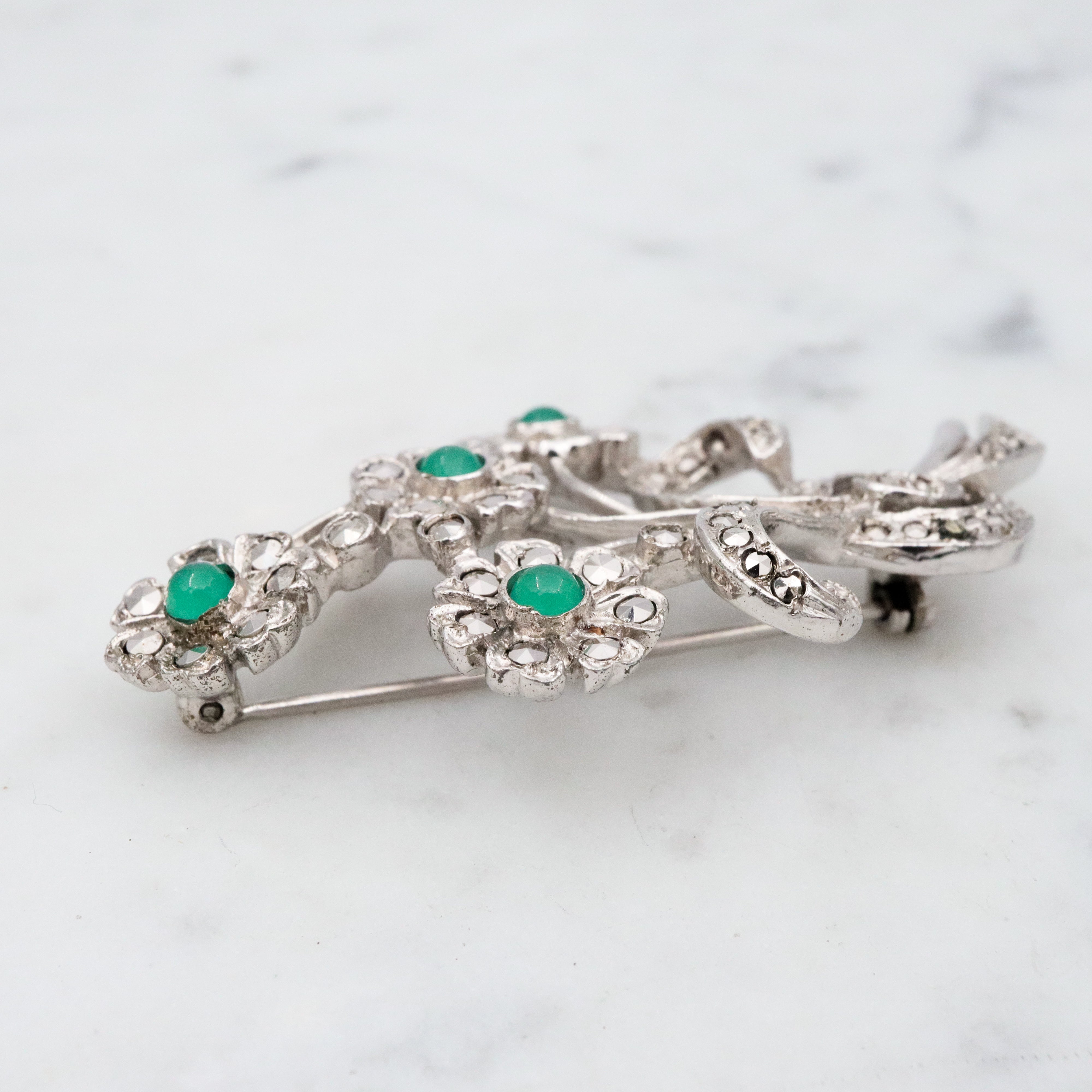 Antique Art Deco sterling marcasite flower brooch w/chrysoprase by Bliss Brothers